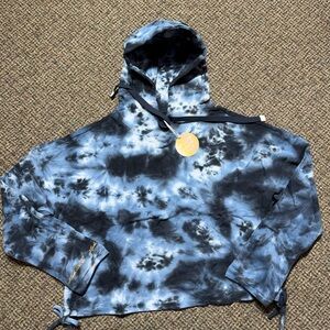 Laila Ali Cropped Adjustable Length Long Sleeve Blue and Black Tie-Dye Hoodie